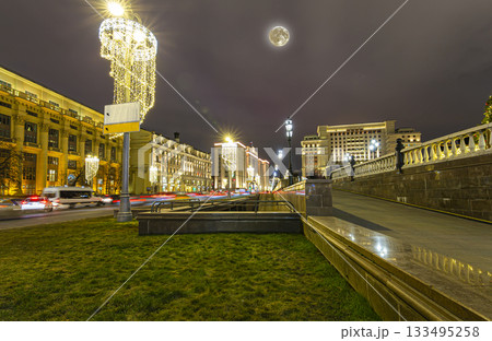 Christmas (New Year holidays) decoration in Moscow (at night with the super moon), Russia-- Manege Square near the Kremlin 133495258