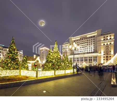 Christmas (New Year holidays) decoration in Moscow (at night) with the super moon, Russia-- Manege Square near the Kremlin 133495264