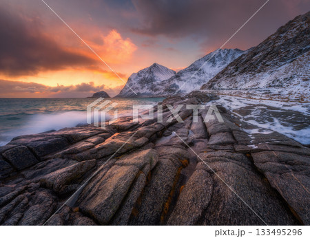 Dramatic winter seascape on the Lofoten Islands in Norway Dramatic winter seascape on the Lofoten Islands in Norway 133495296