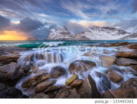 Dramatic winter seascape on the Lofoten Islands in Norway Dramatic winter seascape on the Lofoten Islands in Norway 133495301