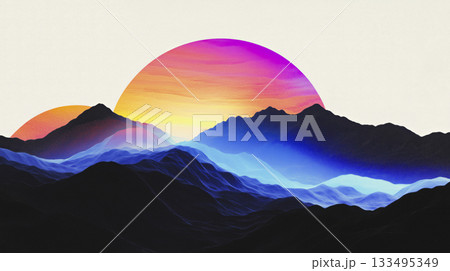 Surreal Landscape: Black, White, Rainbow Wave 133495349