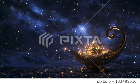 aladdin-inspired background with ornate palace silhouette 133495616