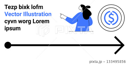 Woman pointing right towards circular target with dollar sign. Black arrow points right. Ideal for business strategy, marketing, team presentations, infographics, goals setting, financial planning Woman pointing right towards circular target with dollar sign. Black arrow points right. Ideal for business strategy, marketing, team presentations, infographics, goals setting, financial planning 133495856