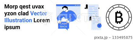 Man with cash back sign, document with check mark, and Bitcoin symbol. Ideal for financial services, digital transactions, cryptocurrency, cashback systems, fintech, accounting, online business 133495875