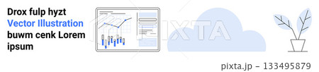 Graph chart with analytical data on screen, cloud icon, potted plant. Shades of blue and grey. Ideal for tech, data analysis, cloud computing, minimalism, business presentations, modern design 133495879