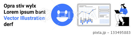 Blue happy face, data chart with graphs, person in blue outfit using laptop. Ideal for business, data analytics, technology, presentation, workplace, productivity, efficiency. Landing page 133495883