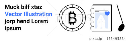 Bitcoin symbol inside a circle next to a notebook with a heart icon. Ideal for blockchain technology, cryptocurrency trading, digital finance, decentralized apps, fintech, investment, modern economy 133495884