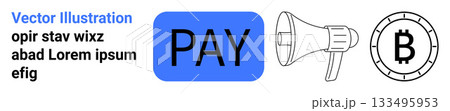 PAY blue button, megaphone, and Bitcoin symbol. Ideal for digital payments, cryptocurrency, marketing, promotions, financial transactions, ecommerce fintech Landing page PAY blue button, megaphone, and Bitcoin symbol. Ideal for digital payments, cryptocurrency, marketing, promotions, financial transactions, ecommerce fintech Landing page 133495953
