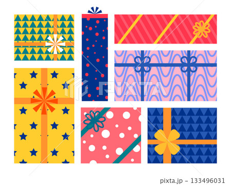 Cartoon Color Different Shapes Christmas Gift Boxes Set Top and Side View Xmas Celebration Concept Flat Design Style. Vector illustration Cartoon Color Different Shapes Christmas Gift Boxes Set Top and Side View Xmas Celebration Concept Flat Design Style. Vector illustration 133496031
