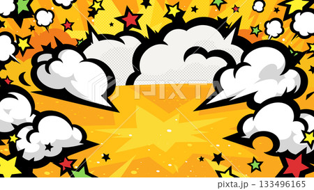 アメコミ風のポップな衝撃の煙の背景イラスト_黄色星_16:9 133496165