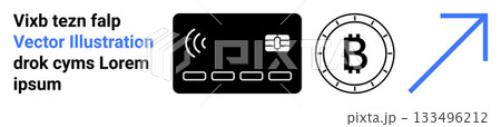 Credit card icon, Bitcoin symbol, and upward arrow representing financial growth, digital currency, and modern transactions. Ideal for banking, cryptocurrency, fintech, online payments, finance apps Credit card icon, Bitcoin symbol, and upward arrow representing financial growth, digital currency, and modern transactions. Ideal for banking, cryptocurrency, fintech, online payments, finance apps 133496212
