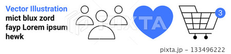 Three minimalist people icons, a blue heart symbol, and a shopping cart with a notification badge. Ideal for UIUX design, social interaction, e-commerce, notifications, user engagement, online 133496222