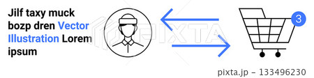 Outline of user with cap, arrows indicating interaction with shopping cart showing 3 items. Ideal for e-commerce, online shopping, web stores, user interface, checkout process, retail, digital Outline of user with cap, arrows indicating interaction with shopping cart showing 3 items. Ideal for e-commerce, online shopping, web stores, user interface, checkout process, retail, digital 133496230