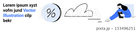 Text box, percentage icon, cloud outline, and woman reading a book. Single color tone. Ideal for websites, blogs, educational materials, e-commerce, presentations, marketing, social media. Landing 133496251