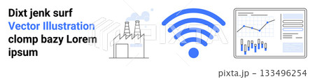 Factory emitting smoke, large blue wireless signal icon, and a statistical graph on a screen. Ideal for technology, communication, industry, environment, data analysis, wireless technology, and smart 133496254