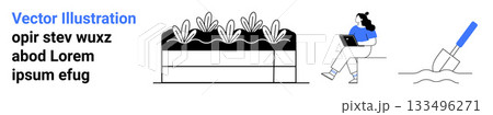 Raised garden bed with plants, person working on laptop, and hand trowel digging. Ideal for garden planning, remote work, urban gardening, productivity tools, eco-friendly living, horticulture Raised garden bed with plants, person working on laptop, and hand trowel digging. Ideal for garden planning, remote work, urban gardening, productivity tools, eco-friendly living, horticulture 133496271