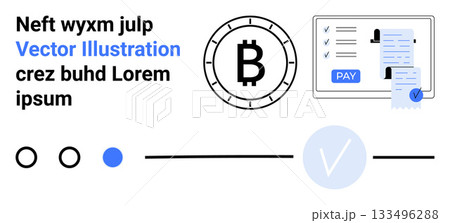 Bitcoin symbol, checklist with payment button, and interactive design elements. Ideal for cryptocurrency, finance, blockchain, digital transactions, fintech, online payments, modern web design 133496288