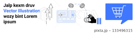 Shopping cart chat bubble, credit card transaction, currency exchange arrows. Ideal for online shopping, e-commerce platforms, digital payments, financial transactions, retail business, customer Shopping cart chat bubble, credit card transaction, currency exchange arrows. Ideal for online shopping, e-commerce platforms, digital payments, financial transactions, retail business, customer 133496315