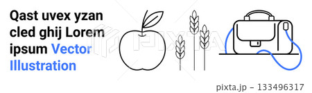 Apple, wheat stalks, satchel with headphone. Ideal for educational content, health themes, agriculture, travel, minimalistic designs, presentations, digital illustrations Landing page 133496317
