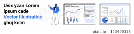 Man in blue presenting data using graphs and charts on computer screens. Ideal for business, analytics, data visualization, reports, presentations, statistics, corporate themes. Landing page Man in blue presenting data using graphs and charts on computer screens. Ideal for business, analytics, data visualization, reports, presentations, statistics, corporate themes. Landing page 133496318