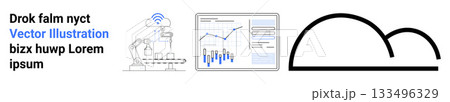 Robot arm, data cloud icon, graphical data interface, and abstract shape in black color indicate automation, cloud technology, data analysis. Ideal for tech, industry, automation, data, analytics Robot arm, data cloud icon, graphical data interface, and abstract shape in black color indicate automation, cloud technology, data analysis. Ideal for tech, industry, automation, data, analytics 133496329