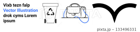 Recycle bin with recycling symbol, messenger bag with strap, and black vee symbol. Ideal for sustainability, recycling, environmental awareness, travel, fashion, technology, design themes. Landing 133496331