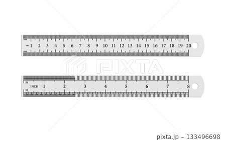 Metal ruler 20 cm with millimeter and centimeter, 8 inch length, scale on white background 133496698