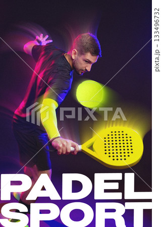 Padel player strikes a dynamic shot during an intense game with neon lights Padel player strikes a dynamic shot during an intense game with neon lights 133496732