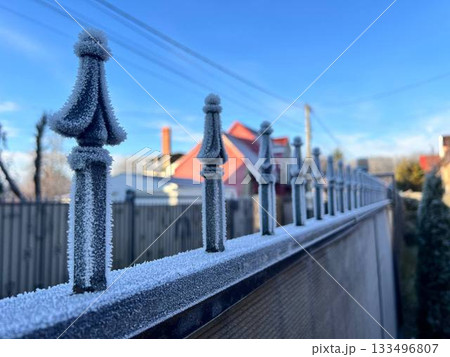 Frost-covered fence of a house on a sunny frosty winter day Frost-covered fence of a house on a sunny frosty winter day 133496807