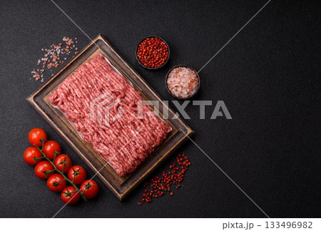 Raw ground beef or pork, fresh meat for burgers or other dishes. Raw beef minced meat 133496982
