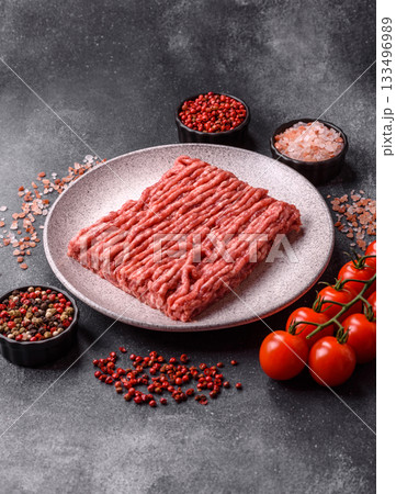 Raw ground beef or pork, fresh meat for burgers or other dishes. Raw beef minced meat 133496989