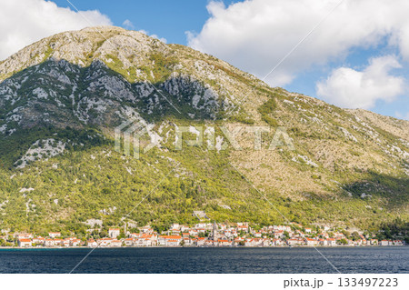 Panorama of Perast, Montenegro, with red rooftops, blue sea 133497223