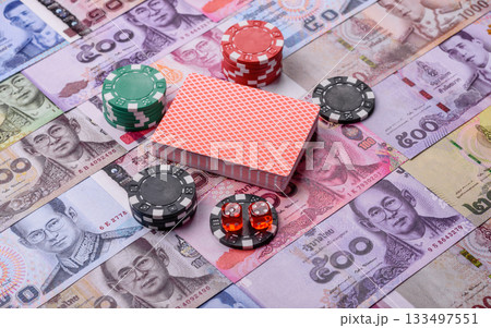 Casino and gambling in Thailand, risk to win or lose money. Betting chips as a background 133497551