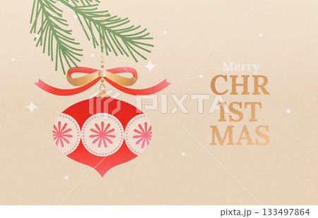 Christmas greeting card with red Christmas ball on fir tree branch.Bright toy for happy holiday.Template design for flyer,web,posters,banners,cover,social media.Vector illustration with grainy texture 133497864