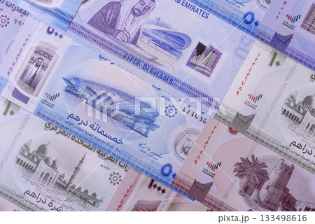 UAE money, dirhams, cash arabic banknotes for financial and business processes. Emirates cash UAE money, dirhams, cash arabic banknotes for financial and business processes. Emirates cash 133498616
