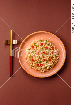 Asian food, chinese or thai rice noodles with vegetables and meat. Rice noodles Asian food, chinese or thai rice noodles with vegetables and meat. Rice noodles 133498857
