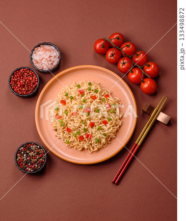 Asian food, chinese or thai rice noodles with vegetables and meat. Rice noodles Asian food, chinese or thai rice noodles with vegetables and meat. Rice noodles 133498872