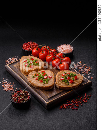 Vegan sandwiches with bread, mushroom or bean pate and vegetables. Vegetarian pate sandwiches 133498929
