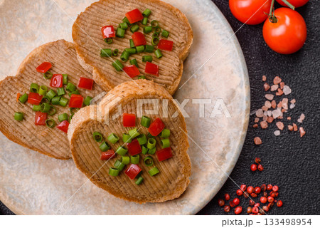 Vegan sandwiches with bread, mushroom or bean pate and vegetables. Vegetarian pate sandwiches 133498954