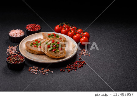 Vegan sandwiches with bread, mushroom or bean pate and vegetables. Vegetarian pate sandwiches 133498957