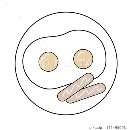 目玉焼きとソーセージ（皿付き）｜俯瞰・ベクター・シンプルな料理イラスト 133499098