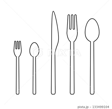 カトラリーセット(スプーン・フォーク・ナイフ・ティースプーン・ケーキフォーク)|俯瞰・ベクター・シン カトラリーセット(スプーン・フォーク・ナイフ・ティースプーン・ケーキフォーク)|俯瞰・ベクター・シン 133499104
