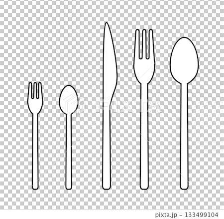 カトラリーセット(スプーン・フォーク・ナイフ・ティースプーン・ケーキフォーク)|俯瞰・ベクター・シン カトラリーセット(スプーン・フォーク・ナイフ・ティースプーン・ケーキフォーク)|俯瞰・ベクター・シン 133499104