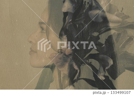Beautiful woman double exposure with flower portrait 133499107
