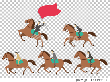 Set of illustrations of businessmen wearing suits and riding horses_male leaders Set of illustrations of businessmen wearing suits and riding horses_male leaders 133499384