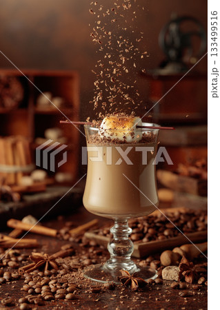 Cream and coffee cocktail with toasted marshmallow and chocolate crumbs. Cream and coffee cocktail with toasted marshmallow and chocolate crumbs. 133499516