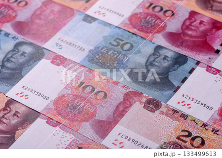 Chinese paper money, yuans in various denominations. China money 133499613