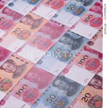Chinese paper money, yuans in various denominations. China money 133499624