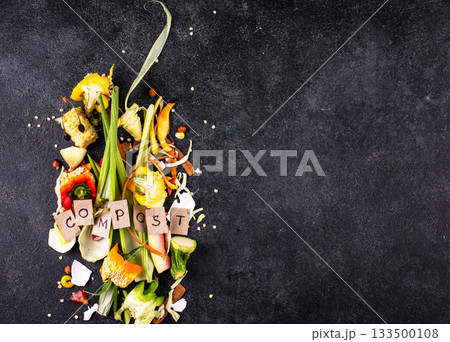Vegetable waste for making compost. Zero waste concept Vegetable waste for making compost. Zero waste concept 133500108