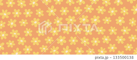 Abstract daisy flower background with yellow chamomile shapes on orange backdrop. Groovy floral design perfect for retro posters, fabric, wrapping paper, and cheerful branding 133500138